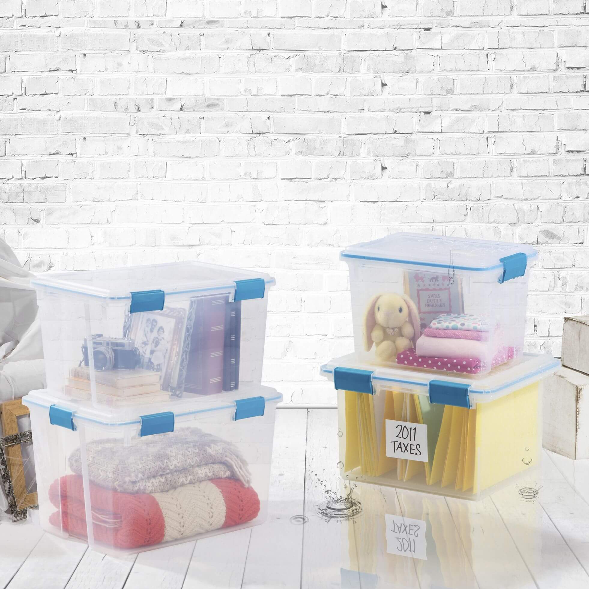 Airtight Sterilite plastic storage boxes with gasket seals