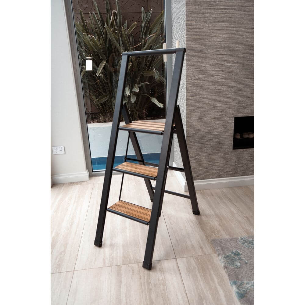 Alu Design 3 Step Aluminium Step Ladder Black & Bamboo - LAUNDRY - Ladders - Soko and Co