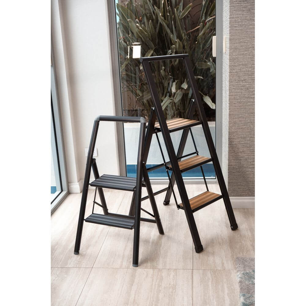 Alu Design 3 Step Aluminium Step Ladder Black & Bamboo - LAUNDRY - Ladders - Soko and Co