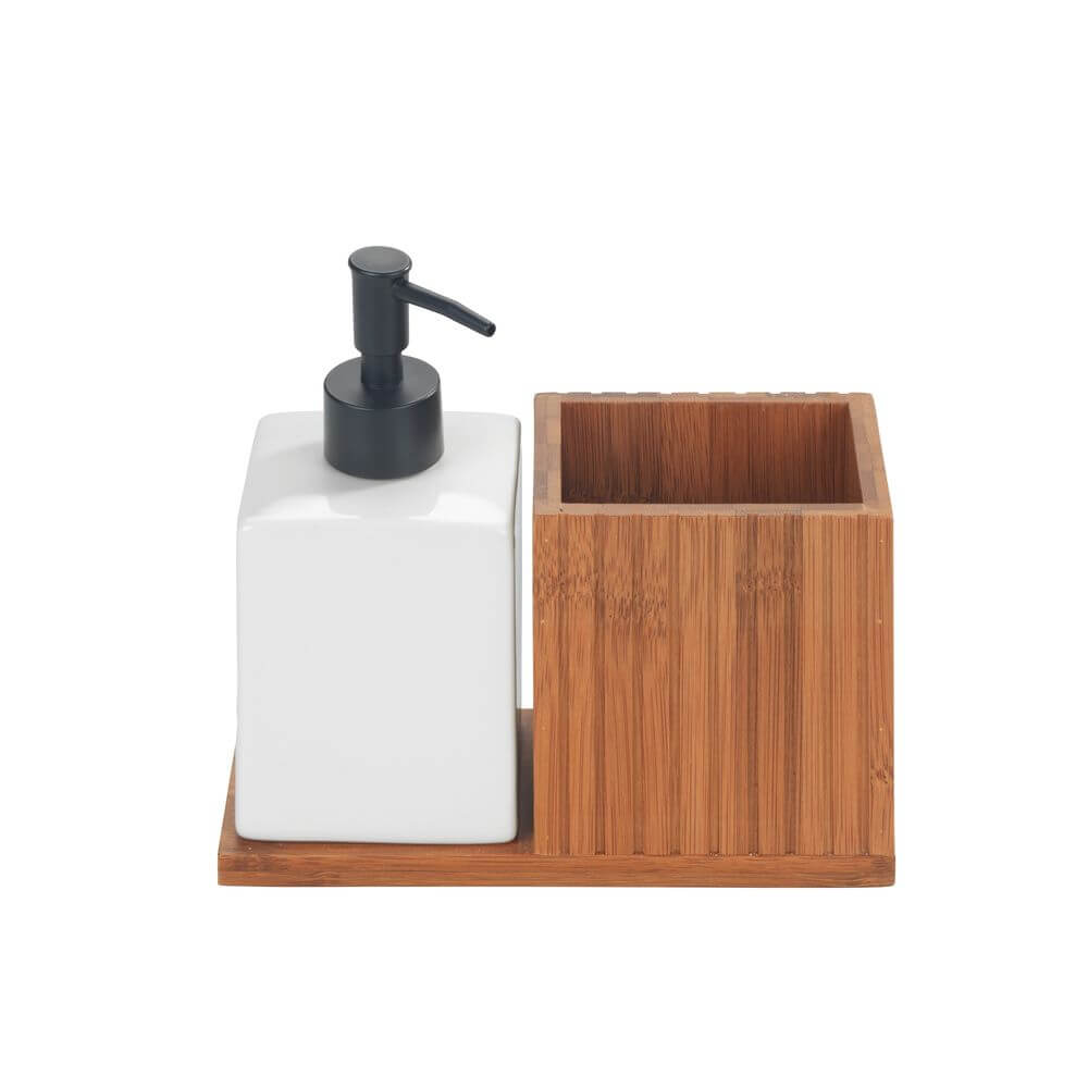 Mera Dish Soap and Brush Holder Ceramic and Bamboo - KITCHEN - Sink - Soko and Co