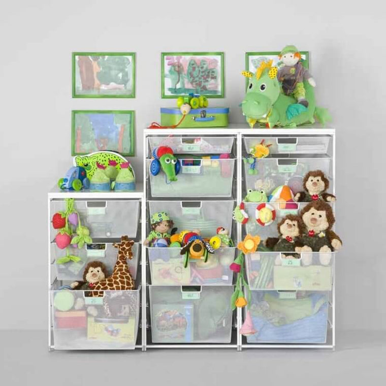 Three White Elfa Freestanding Drawer Kits with Mesh Drawers for organising toys