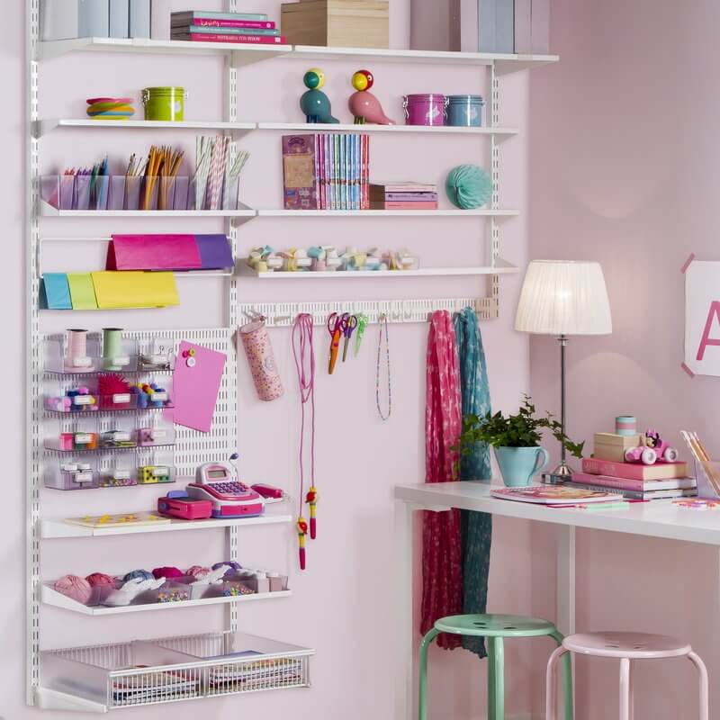 White Elfa shelving installed in a home office