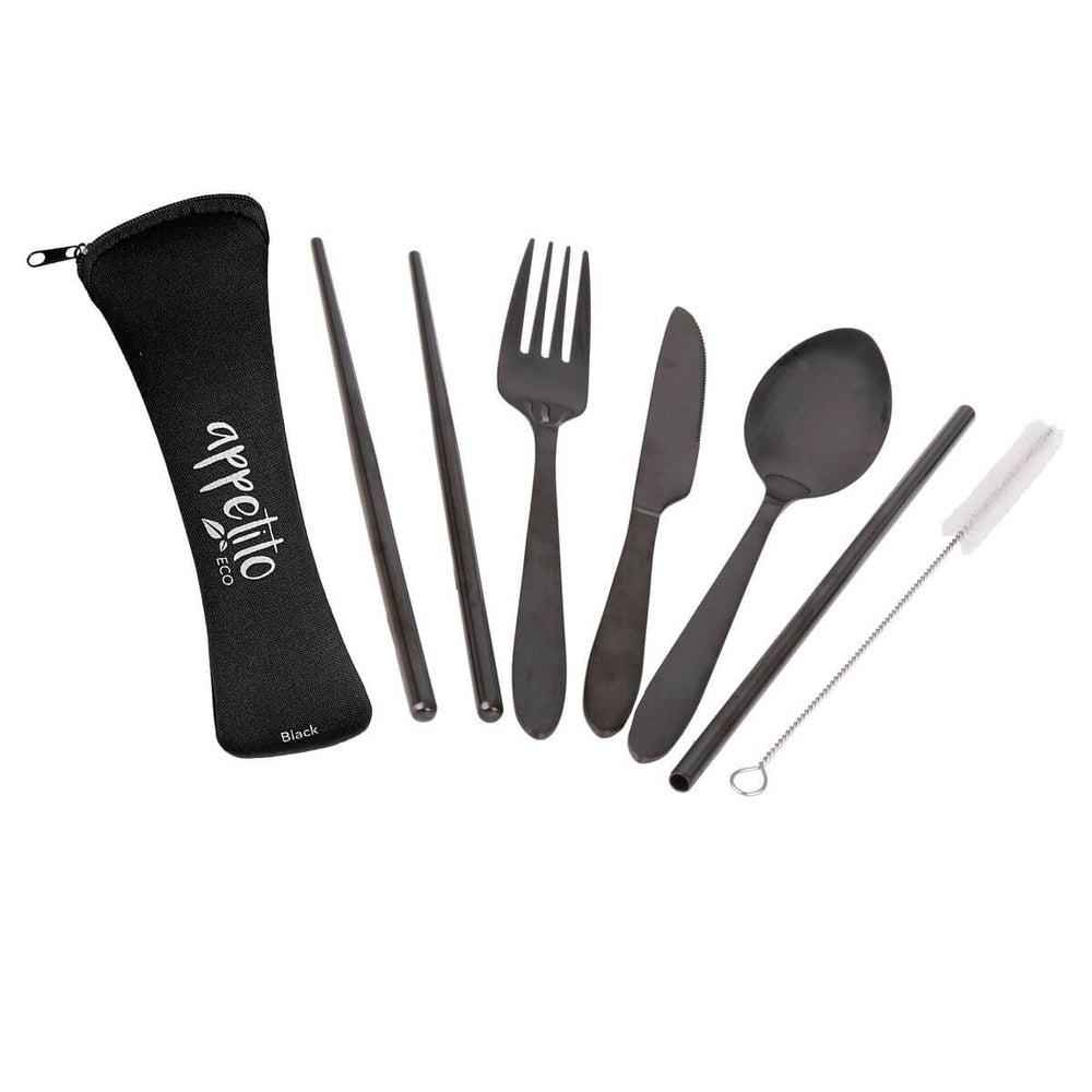 6 Piece Stainless Steel Travel Cutlery Set Black - KITCHEN - Reusable Cutlery - Soko and Co