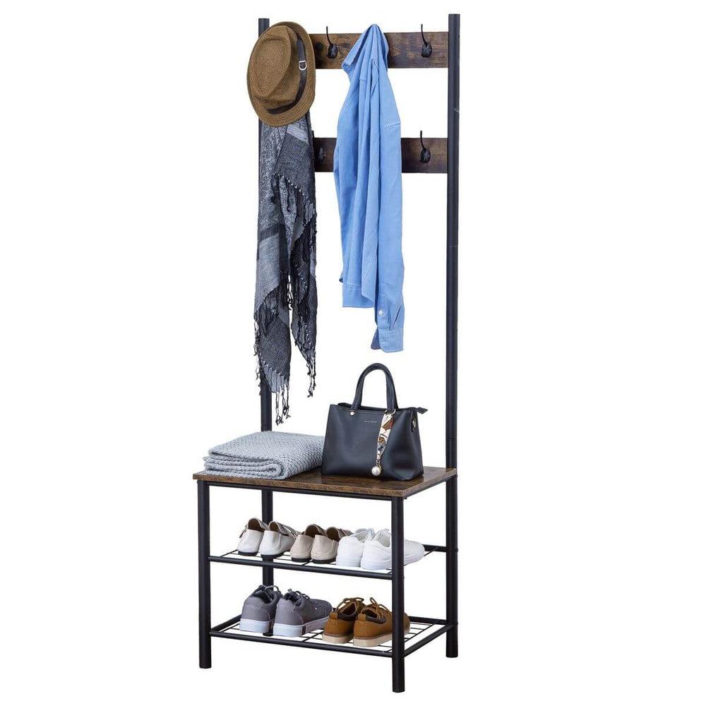 Rustic 3 Tier Hall Tree with 8 Hooks Dark Wood & Matte Black - HOME STORAGE - Hat and Coat Racks - Soko and Co