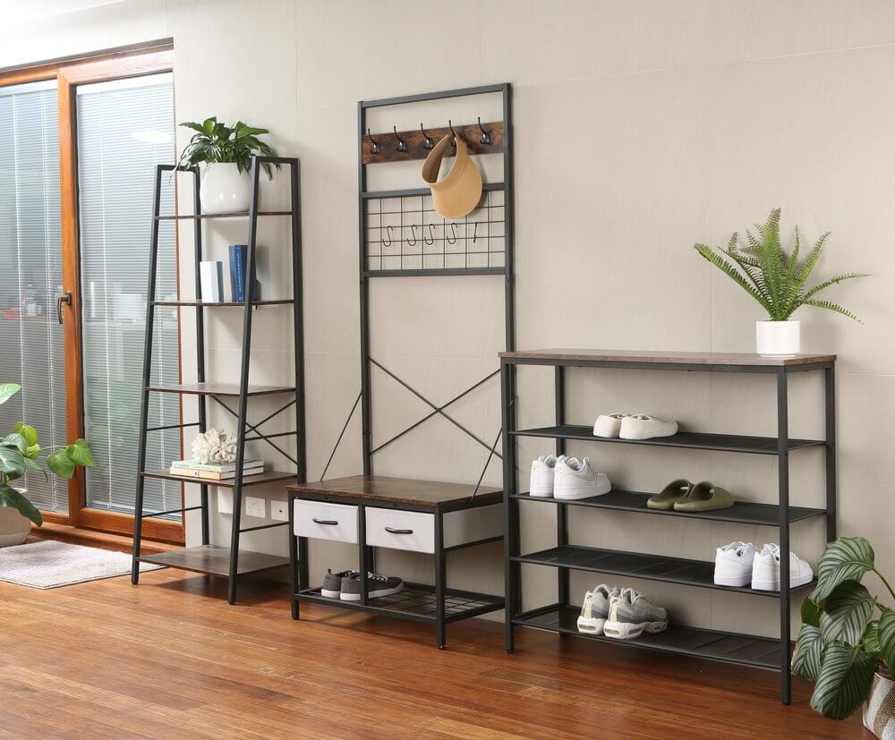 Rustic 5 Tier Wide Shoe Rack Dark Wood &amp; Matte Black - WARDROBE - Shoe Storage - Soko and Co