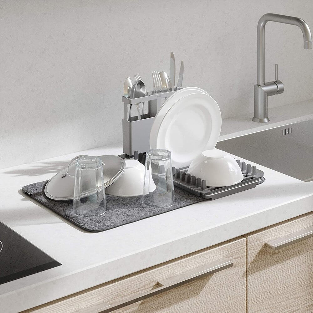 Umbra Udry Over Sink Dish Rack &amp; Microfibre Drying Mat Grey - KITCHEN - Dish Racks and Mats - Soko and Co